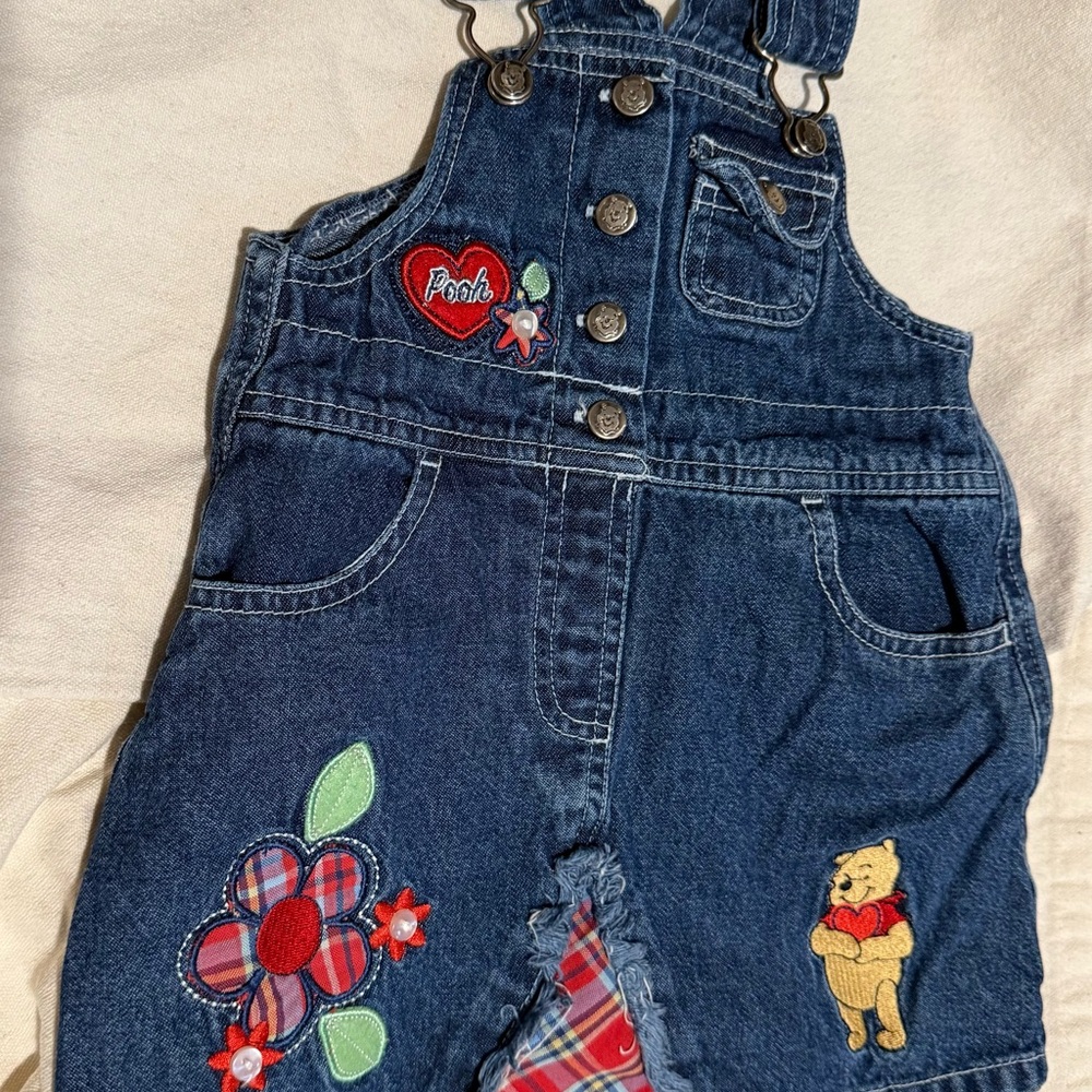 Vintage Disney Blue Denim Overalls with Pooh and Floral Patches